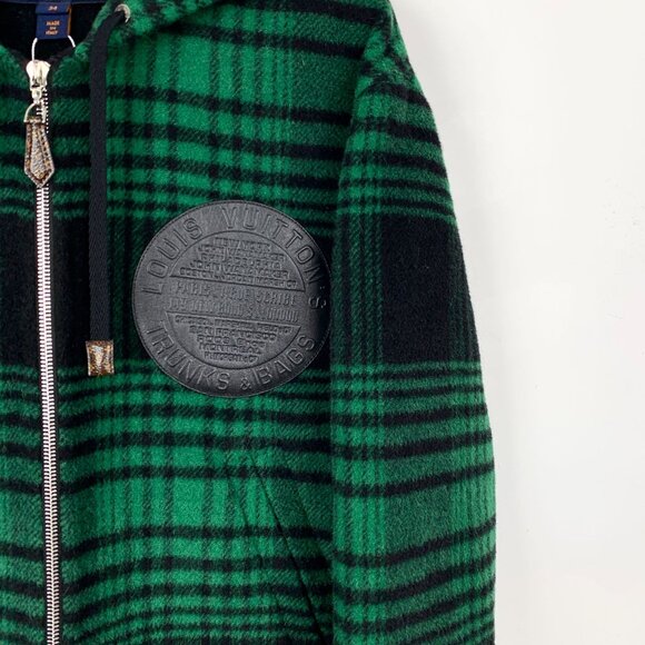 Louis Vuitton Green & Black Plaid Wool Hooded Zip-Up Jacket With Leather Patch D - Picture 4 of 8